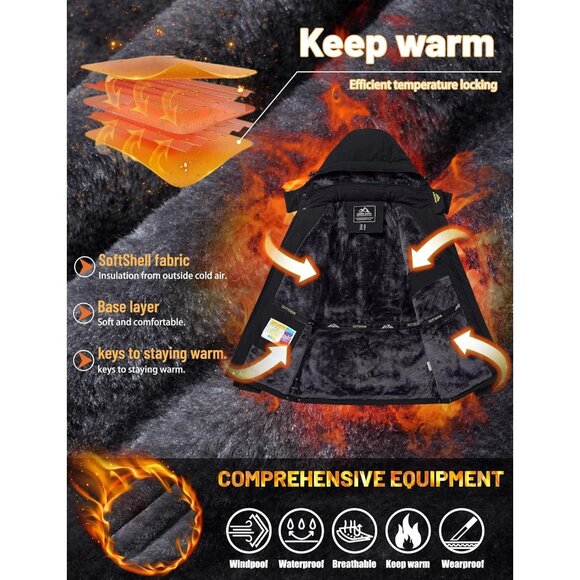 Tacvasen Men's Black Waterproof Fleece Liner Windproof Warm Snow Ski Jacket - Picture 3 of 6